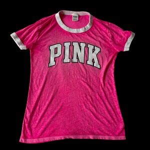 Y2K Victoria's Secret PINK Ringer T-Shirt Neon Pink Burnout Tee Womens Small